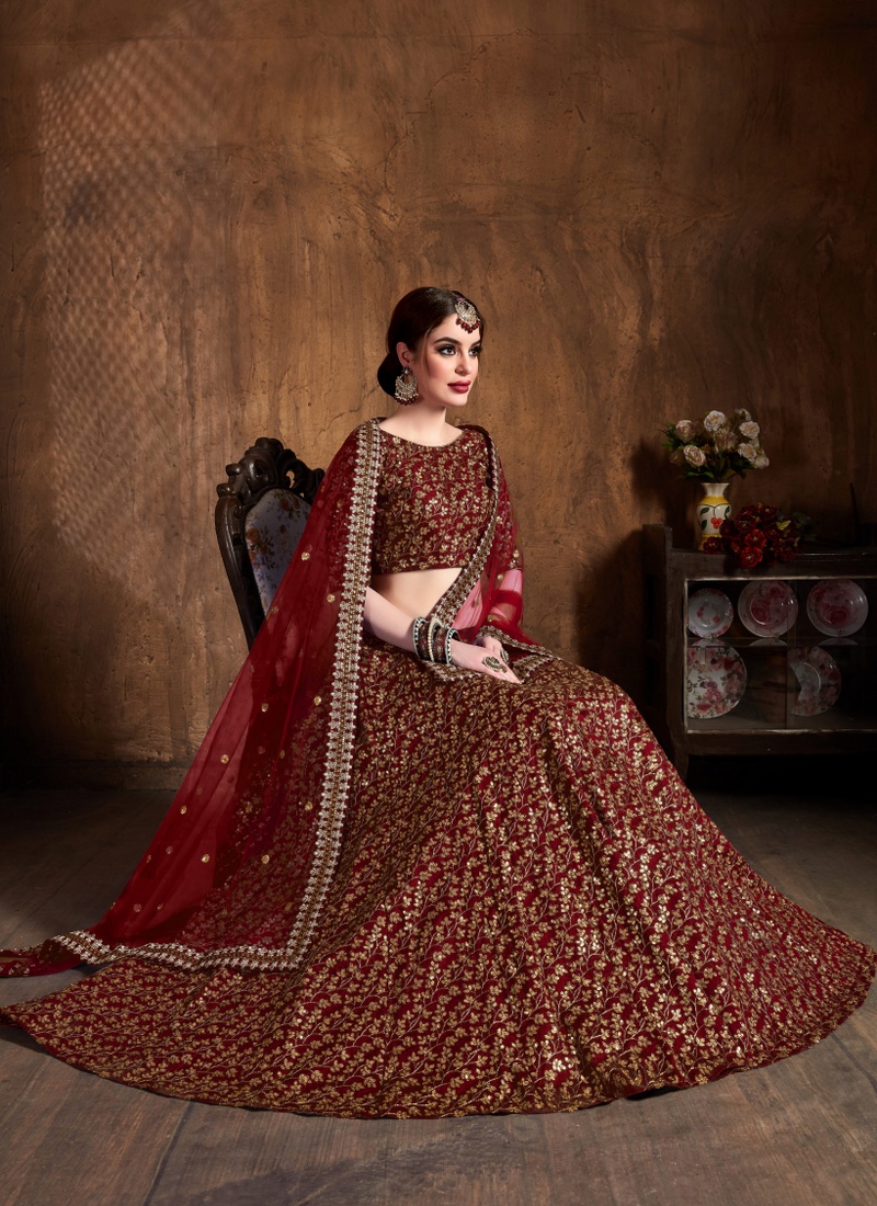 Buy Maroon Raw Silk Zari Work Wedding Lehenga Choli KF240647 Online USA